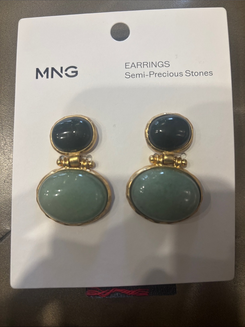 Mango Gold-Tone Drop Earrings with Dark Teal and Sage Stones